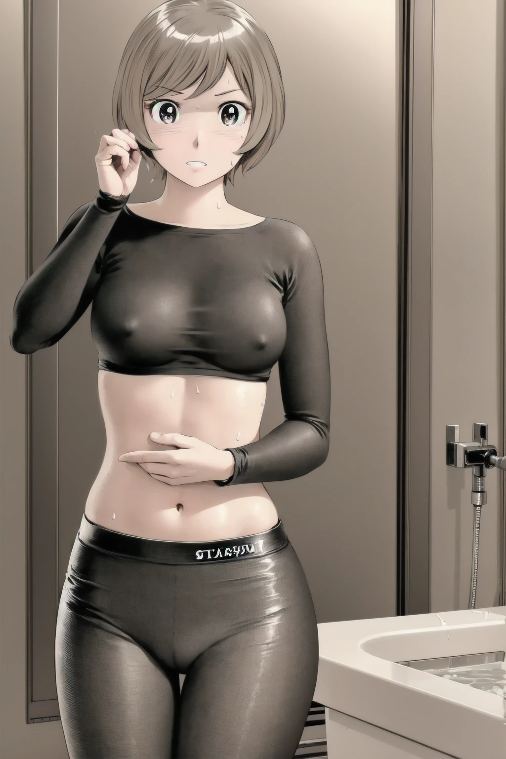 、(masterpiece、Highest quality)、Highest quality, Ultra-high resolution, (((masterpiece))), alone, Sweat、Big eyes, Composition from the front、Shortcuts、Embarrassed face、Bronze colored hair、Cut the back hair short、Bathroom、Shower scene、 Expose、Completely naked、pubic hair、belly button、Large areola、Nipples、short hair