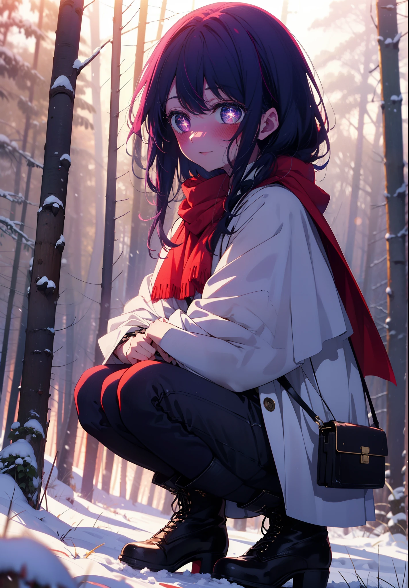 aihoshino, Ai Hoshino, Long Hair, bangs, (Purple eyes:1.1), Purple Hair, (Symbol-shaped pupil:1.5), smile,,smile,blush,white breath,
Open your mouth,snow,Ground bonfire, Outdoor, boots, snowing, From the side, wood, suitcase, Cape, Blurred, , forest, White handbag, nature, Squat, Mouth closed, Cape, winter, Written boundary depth, Black shoes, red Cape break looking at viewer, Upper Body, whole body, break Outdoor, forest, nature, break (masterpiece:1.2), Highest quality, High resolution, unity 8k wallpaper, (shape:0.8), (Beautiful and beautiful eyes:1.6), Highly detailed face, Perfect lighting, Highly detailed CG, (Perfect hands, Perfect Anatomy),