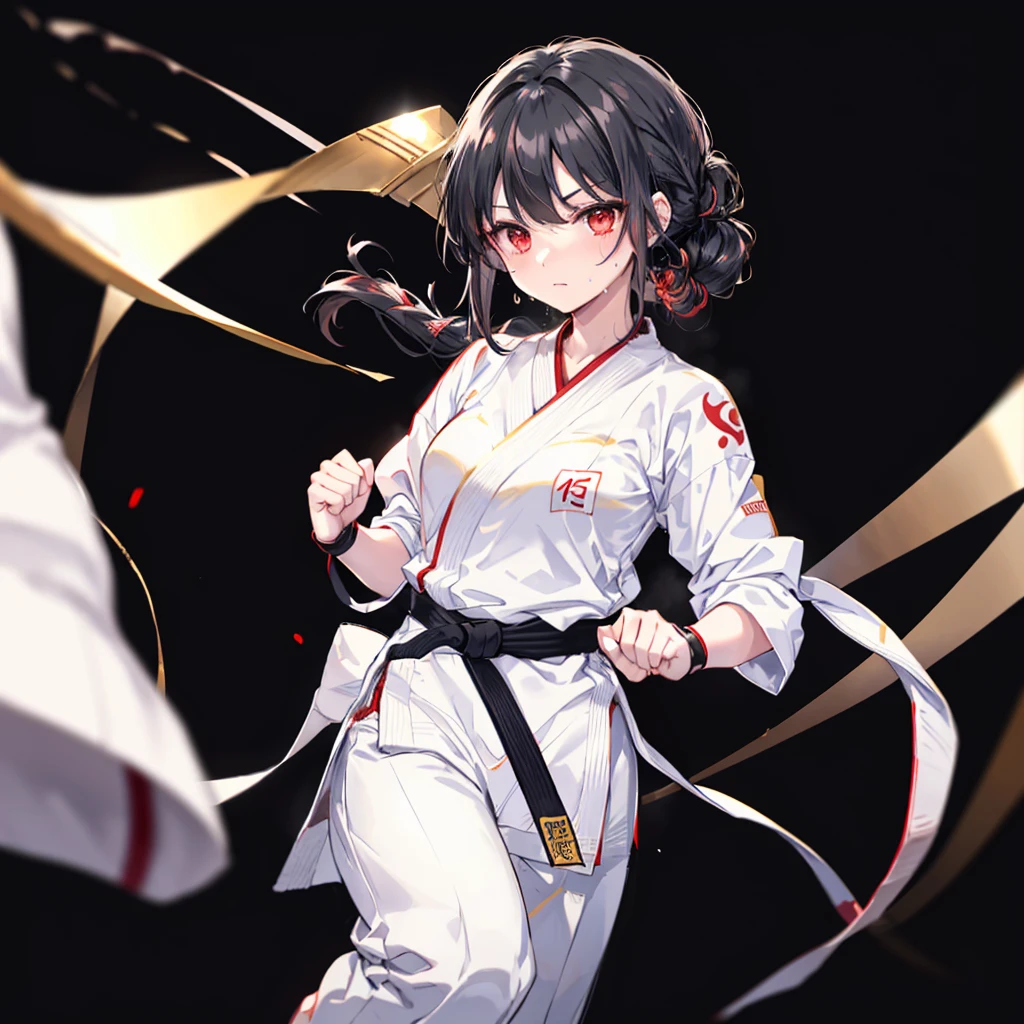 ((((Karate　Kick　Black belt))))　(((White Doshi　Sweat　Bright red eyes　Black Hair　Long Hair　Tie your hair back)))　((Aura of Gold))　Shining Edge　Shining Background