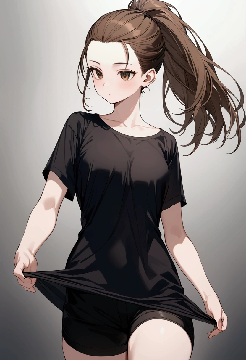 Brown hair, pulled back into a ponytail, Brown eyes, blank look, bright skin, black T-shirt and black shorts