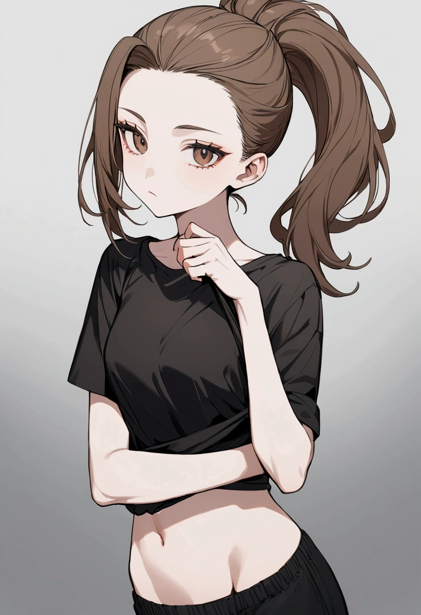 Brown hair, pulled back into a ponytail, Brown eyes, blank look, bright skin, black T-shirt and black shorts