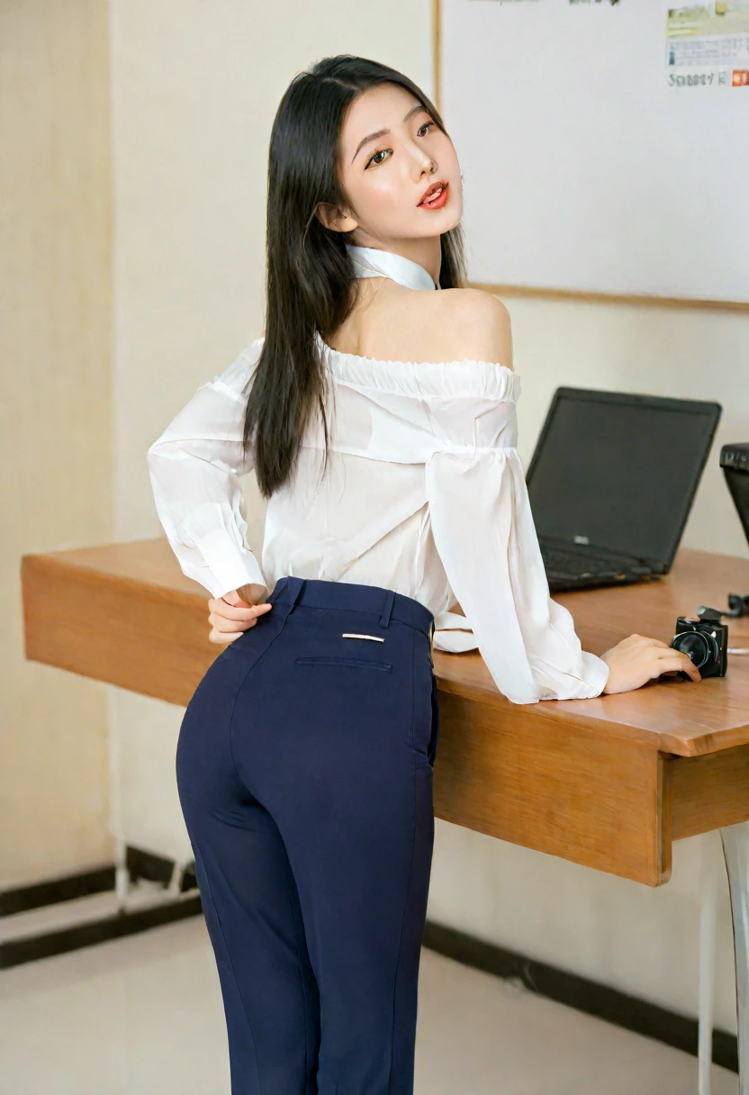 1girl, high quality, high resolution, 4k, 22 year old beautiful asian girl, perfect face, pretty mouth, very slim, tall. black hair, off shoulder, sexy secretary clothes, trousers, shirt, high heels, lips, realistic, nose, flirting with camera, bending on table, nice ass, looking seductively at viewer
