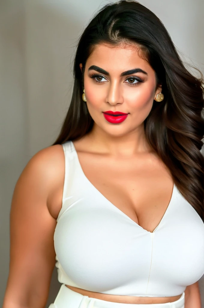((best quality)), ((masterpiece)), (detailed), ((hyper realistic)) , iran women perfect face, pale natural skin tone , medium size breast , cylindrical body shape female , full baby pink lipstick , The most beautiful women in the universe , close mouth, white background ,she is in european appearance , curvy body figure , detailed face features , lips pressed together , no smile on face , full body shot camera side angle , her waist is clearly captured in camera