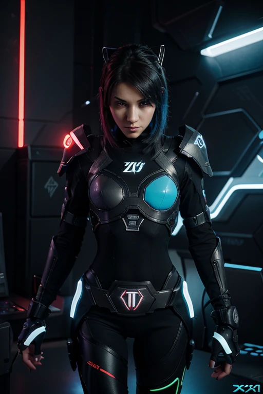 A captivating gaming channel profile image, featuring a character with "Zer0 hours played" as the main focus. Zer0 stands out prominently, being larger than the character and in a bold, vibrant font. The character is dressed in high-tech, futuristic armor, with glowing lines and an edgy design. The background is a blend of dark and neon colors, emphasizing the gaming channel's name and creating a sense of excitement and anticipation. add the name DanielxxG63 in the background and be barely visible
