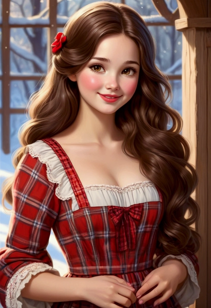 Very beautiful and sweet women, with innocent shy facial expression with sweet smile, long wavy honey brown hair, snow white skin complexion, brown doe eyes. Very detailed. cute plaid dress, blushing rosy cheeks