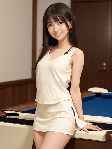 Japanese female, a lot of details, (underweight), 30 years old, detailed black hair, beautiful detailed hair, super fucking beautiful, delicate beautiful face, complex details beautiful and delicate eyes, perfect hands, (flat chest best quality:1.5), perfect and delicate limbs, detailed skin, best quality, ultra-detailed,(cheerful grin:1.5),
billiard hall, short hair, (red blouse), (cream jacket), (cream skirt), (playing nine ball billiards), (long shot), front view, dutch angle shot