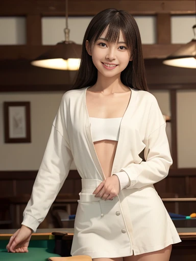 Japanese female, a lot of details, (underweight), 30 years old, detailed black hair, beautiful detailed hair, super fucking beautiful, delicate beautiful face, complex details beautiful and delicate eyes, perfect hands, (flat chest best quality:1.5), perfect and delicate limbs, detailed skin, best quality, ultra-detailed,(cheerful grin:1.5),
billiard hall, short hair, (red blouse), (cream jacket), (cream skirt), (playing nine ball billiards), (long shot), front view, dutch angle shot