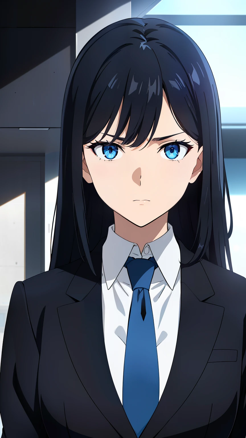 (best quality:1.5, highres, UHD, 4K, detailed lighting, shaders), black hair, long hair, side swept hair, cool woman, cool girl, sharp eyes, narrow eyes, same eyes size, blue eyes, beautiful, small breasts, office background, formal suit, necktie, jacket, focus on character face