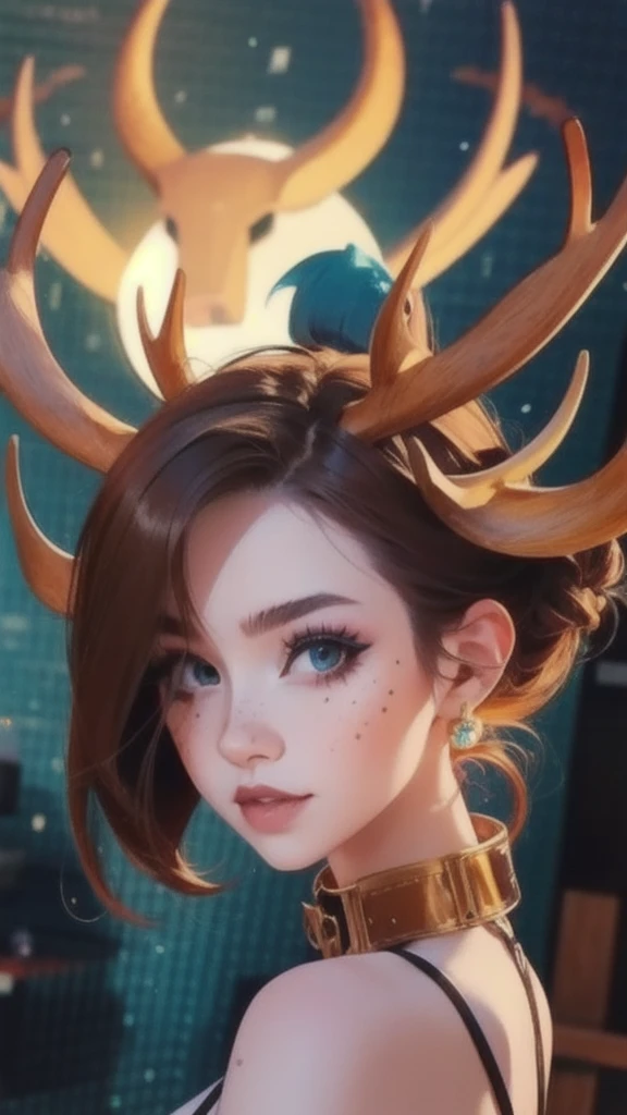 masterpiece, best quality, high quality, woman, faunmakeup, makeup, white spots, antlers, animal ears, dark upper lip,   