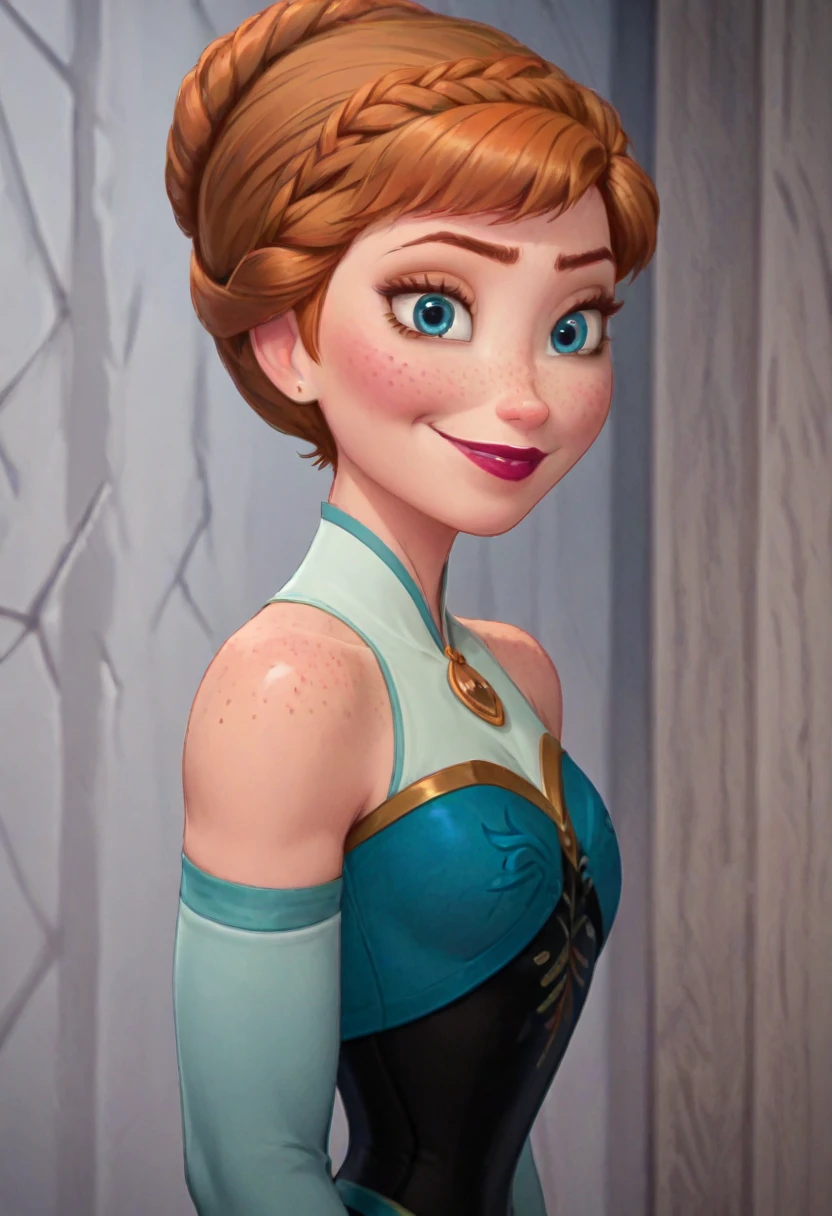 ((masterpiece, best quality)), Disney reference, (Anna), Anna smirks, lipstick, freckles on face, upper body: bare shoulders, skinny 