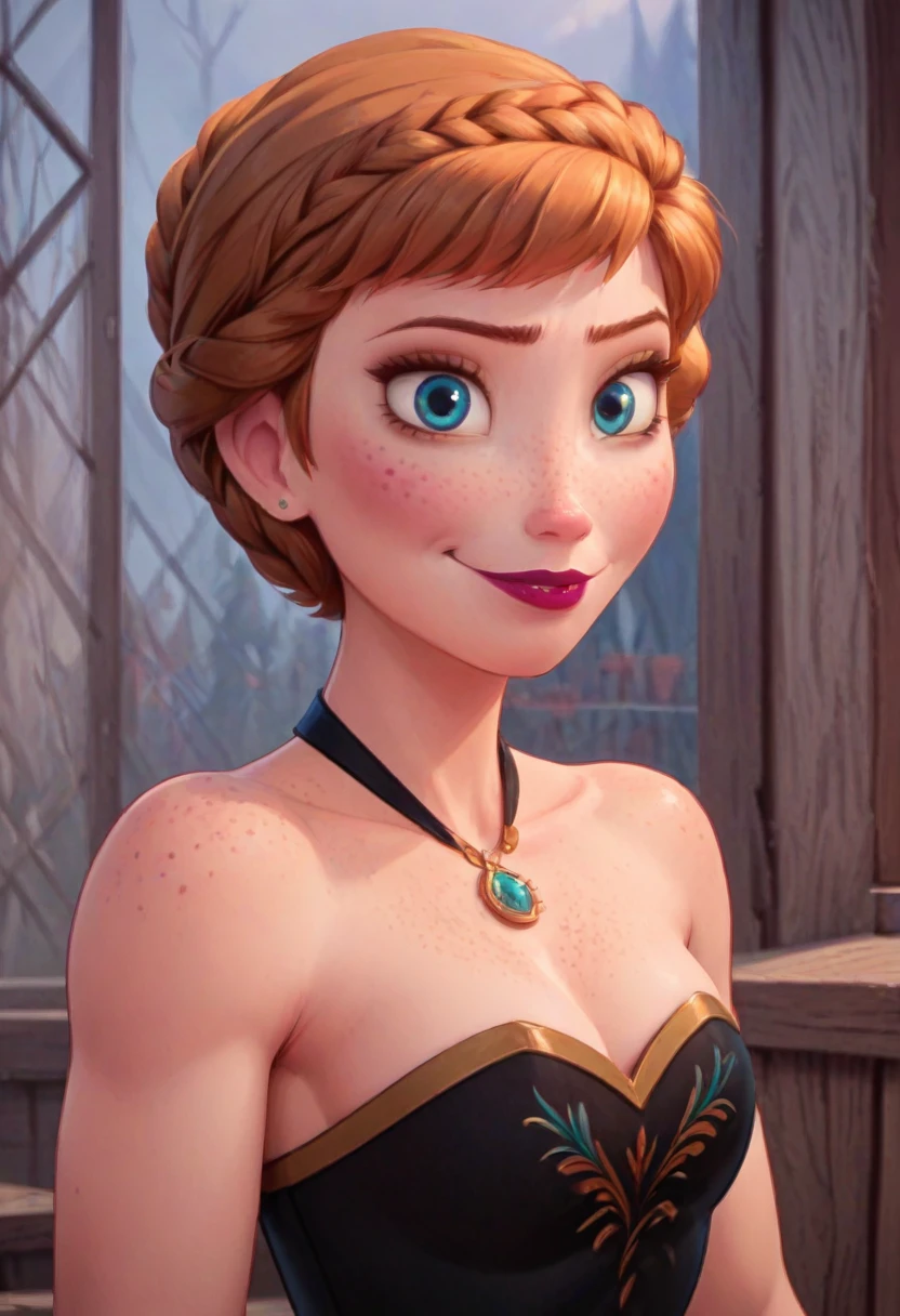 ((masterpiece, best quality)), Disney reference, (Anna), Anna smirks, lipstick, freckles on face, upper body: bare shoulders, skinny 