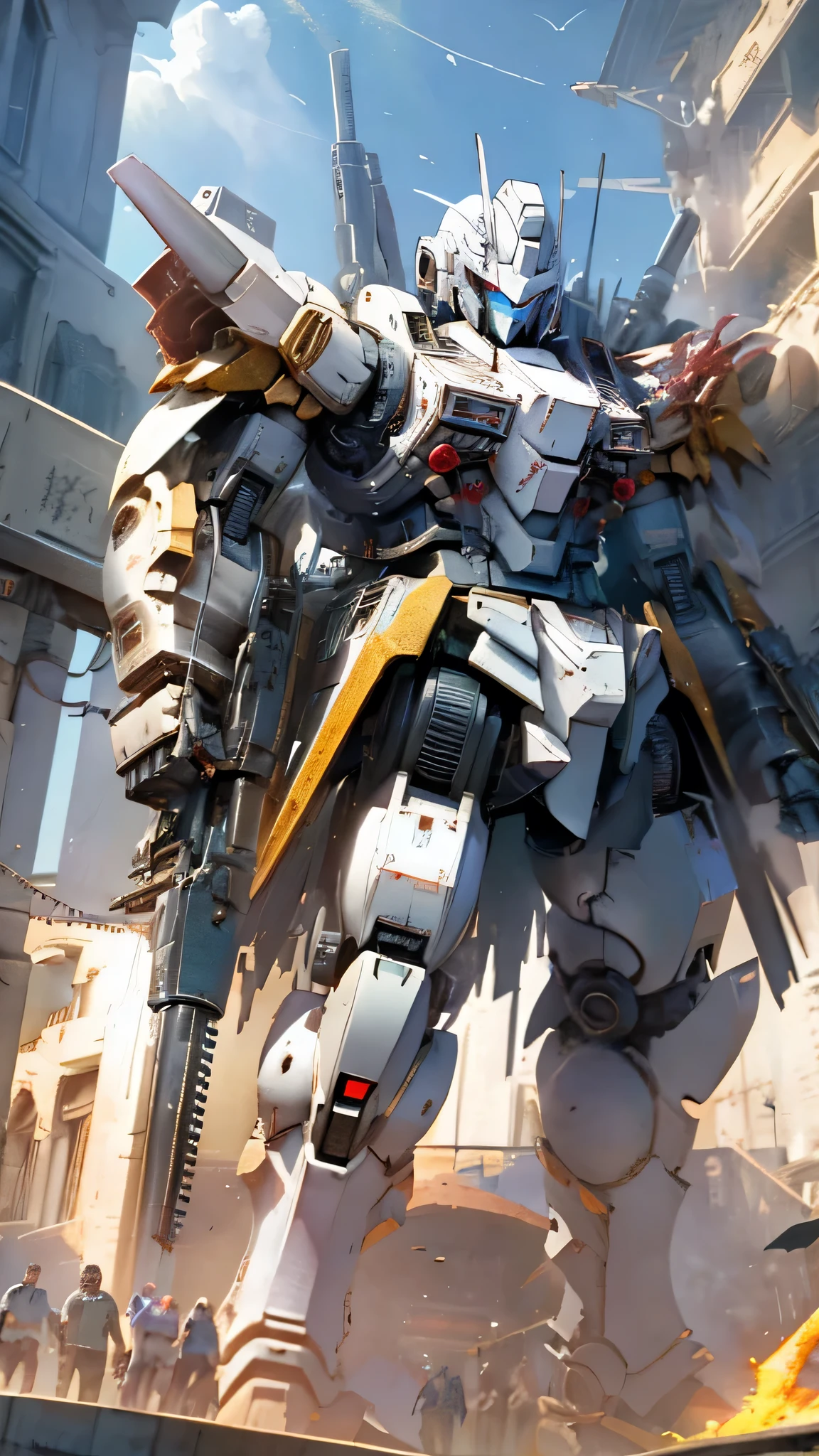 最high quality、Best image quality、masterpiece、Giant Mecha((humanoid、Railgun、Bulletproof vest、Jetpack、Red visor、Run、Chainsaw,Full of wounds,gas mask、Gold Color、Fighting Pose、Muscular,destruction))high quality、Beautiful art、background((underground,Fighting the monsters)),Tabletop、Exquisite design、Visual Arts、Written boundary depth、Best lighting、The finest details、8k