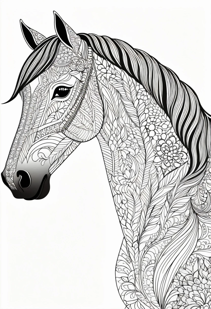 A striking black and white line art coloring page designed for adults with white background, featuring a majestic horse in a mandala-inspired style. The horse is adorned with intricate patterns that include floral and geometric designs, making it an engaging and detailed work of art. The illustration focuses on crisp, clean lines and bold outlines, without any shading or color, allowing the user to bring their own vibrancy to the piece. The minimalistic design, with its thick lines and absence of background details, creates a soothing coloring experience for adults seeking calming and creative activities. illustration