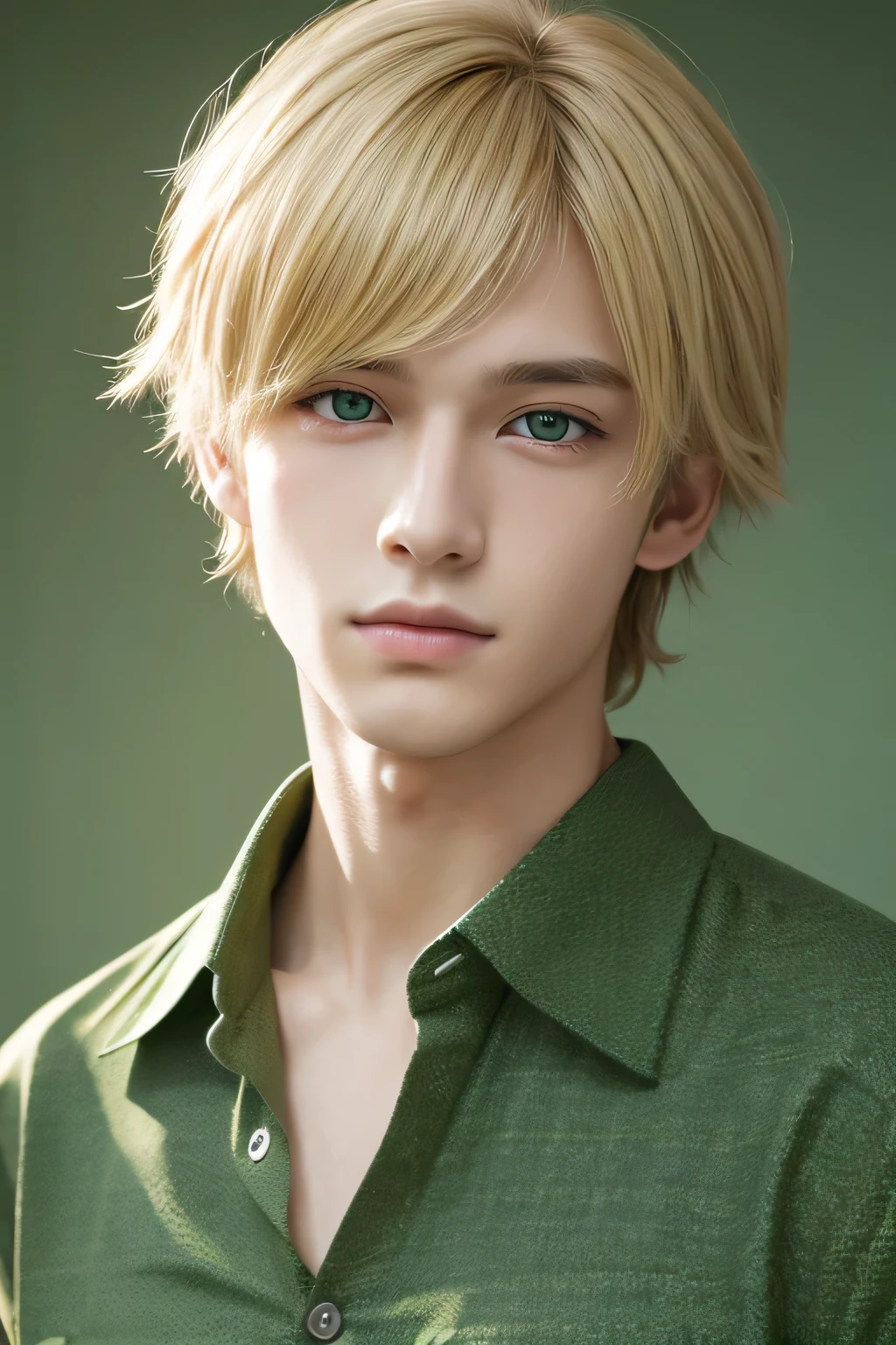 masterpiece, best quality, photorealistic, 1boy, solo, male focus, looking at viewer, upper body, , haru_kaidou, green eyes, blonde hair, shirt, ,