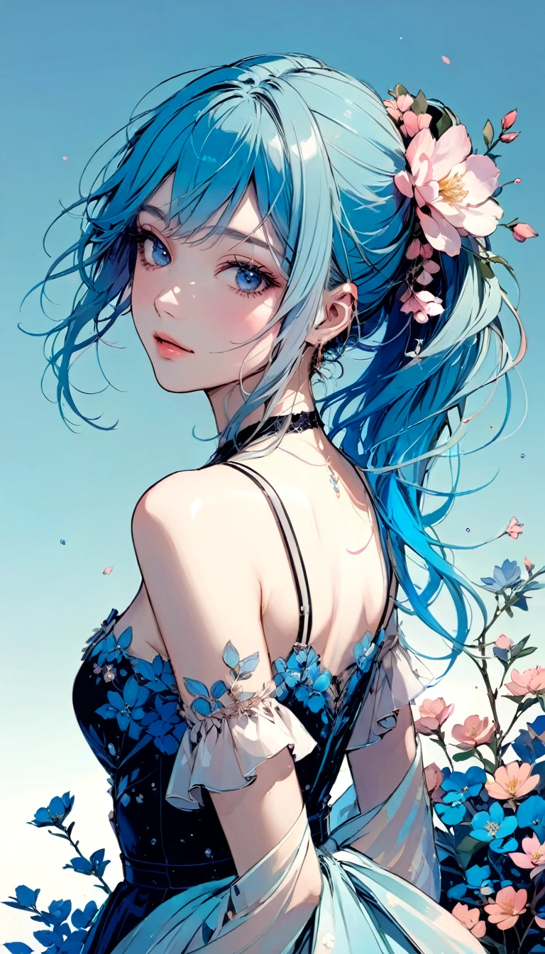 (masterpiece), (best quality), (Extremely detailed),(Messy hair),(illustration), (1 Girl), (Fashion), permanent, fashion model, Looking at the audience, (interview), (Simple background),Beautiful and delicate eyes, Delicate and beautiful face, floating,Ponytail,Light blue hair, Hair ring, Floating flowers,