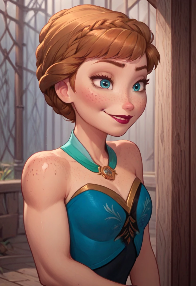 ((masterpiece, best quality)), Disney reference, (Anna), Anna smirks, lipstick, freckles on face, upper body: bare shoulders, skinny 