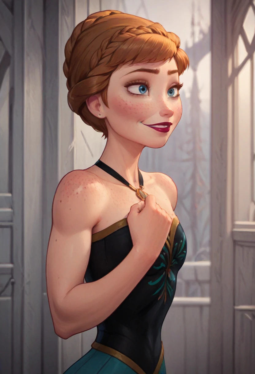 ((masterpiece, best quality)), Disney reference, (Anna), Anna smirks, lipstick, freckles on face, upper body: bare shoulders, skinny 