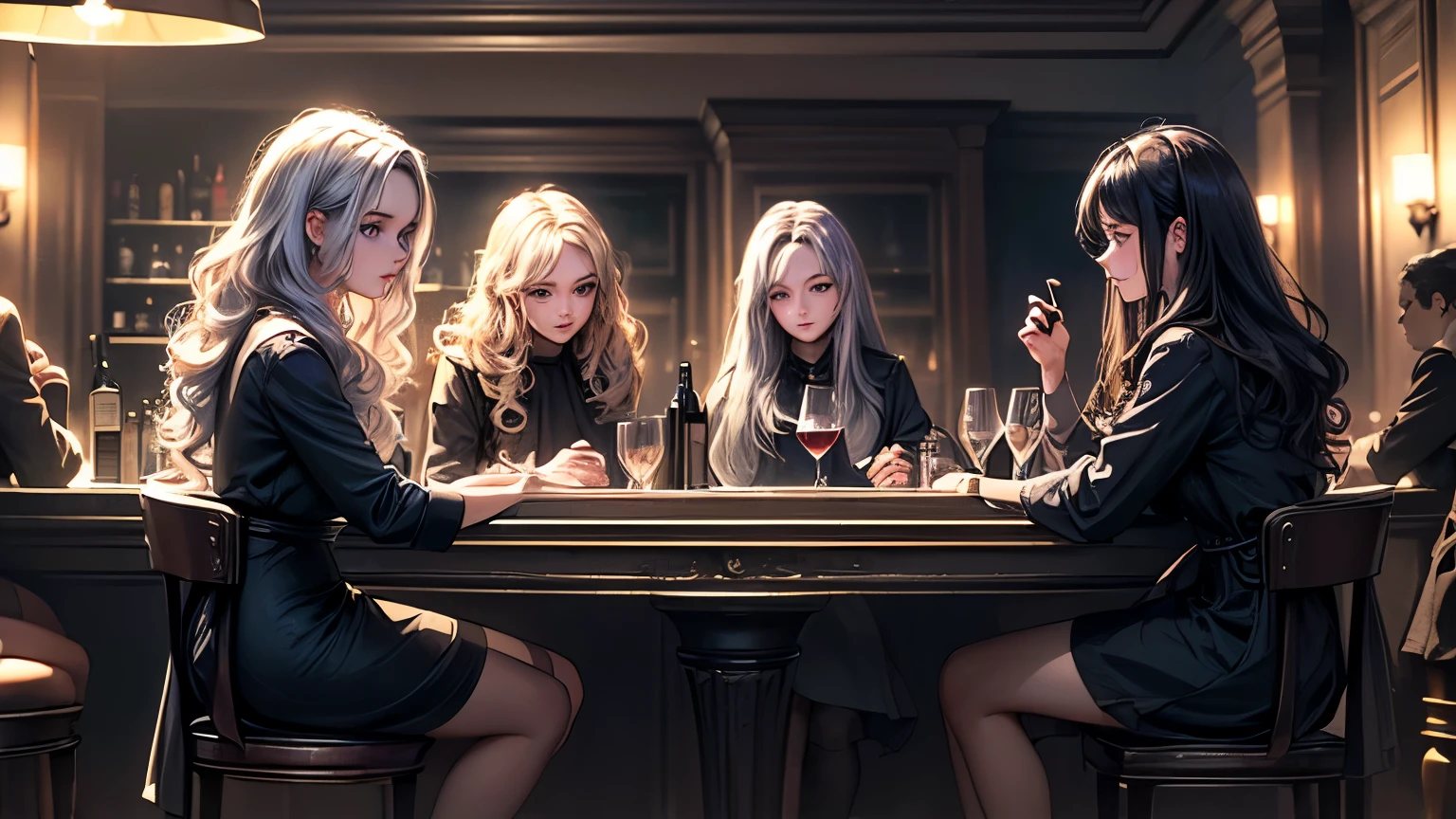 ((best quality)), ((masterpiece)), (detailed), une fille, visage parfait, Longhaire, ((golden hair)), curly hair, decorated cheveux, ultramarine blue eyes, detail face clear(

chill bar scene with dim lighting with rows of chairs near the area where the bartender is standing, a calm girl with blue eyes, long black hair, wear a dress long black,sitting on a chair, one hand on the table and the other Holding a medium glass of red wine, she looked at the wine glass, with the remaining 4 people sitting on chairs at a distance, each person sitting in one direction near bartender counter not too close to the girl, and the photo was a long distance, a dark area with a light light, nostalgic.


)
