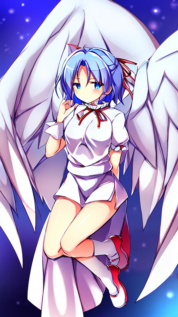 (best quality,4k,8k,highres,masterpiece:1.2), ultra-detailed, highly detailed texture, intricate details, high quality textures, A cute teenage angel with blue eyes, drawn in anime style, 1girl, , , 10 years old, medium blue hair, hair flaps, pink ribbon on head, well-formed face, blue eyes, angel girl, white blouse, puffy short sleeves, red ribbon, angel wings, long white skirt, red shoes, frills, ribbon head, A pair of angel wings on the back, clean line drawings