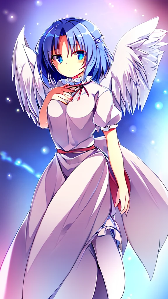 (best quality,4k,8k,highres,masterpiece:1.2), ultra-detailed, highly detailed texture, intricate details, high quality textures, A cute teenage angel with blue eyes, drawn in anime style, 1girl, , , 10 years old, medium blue hair, hair flaps, pink ribbon on head, well-formed face, blue eyes, angel girl, white blouse, puffy short sleeves, red ribbon, angel wings, long white skirt, red shoes, frills, ribbon head, A pair of angel wings on the back, clean line drawings