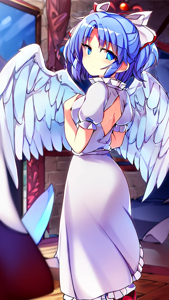 (best quality,4k,8k,highres,masterpiece:1.2), ultra-detailed, highly detailed texture, intricate details, high quality textures, A cute age angel with blue eyes, drawn in anime style, 1girl, , , 10 ydium blue hair, hair flaps, pink ribbon on head, well-formed face, blue eyes, angel girl, white blouse, puffy short sleeves, red ribbon, angel wings, long white skirt, red shoes, frills, ribbon head, A pair of angel wings on the back, clean line drawings