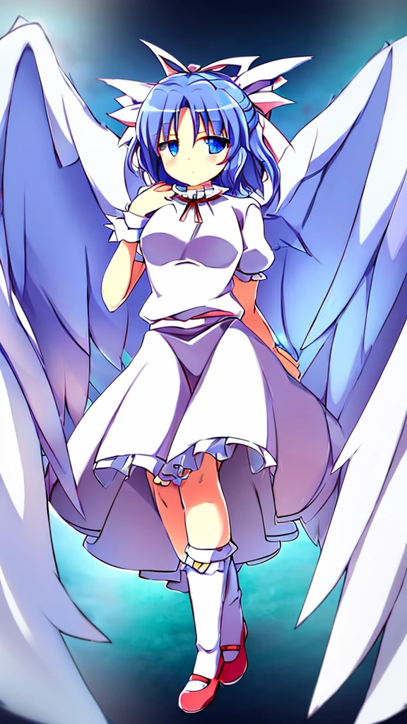 (best quality,4k,8k,highres,masterpiece:1.2), ultra-detailed, highly detailed texture, intricate details, high quality textures, A cute age angel with blue eyes, drawn in anime style, 1girl, , , 10 ydium blue hair, hair flaps, pink ribbon on head, well-formed face, blue eyes, angel girl, white blouse, puffy short sleeves, red ribbon, angel wings, long white skirt, red shoes, frills, ribbon head, A pair of angel wings on the back, clean line drawings