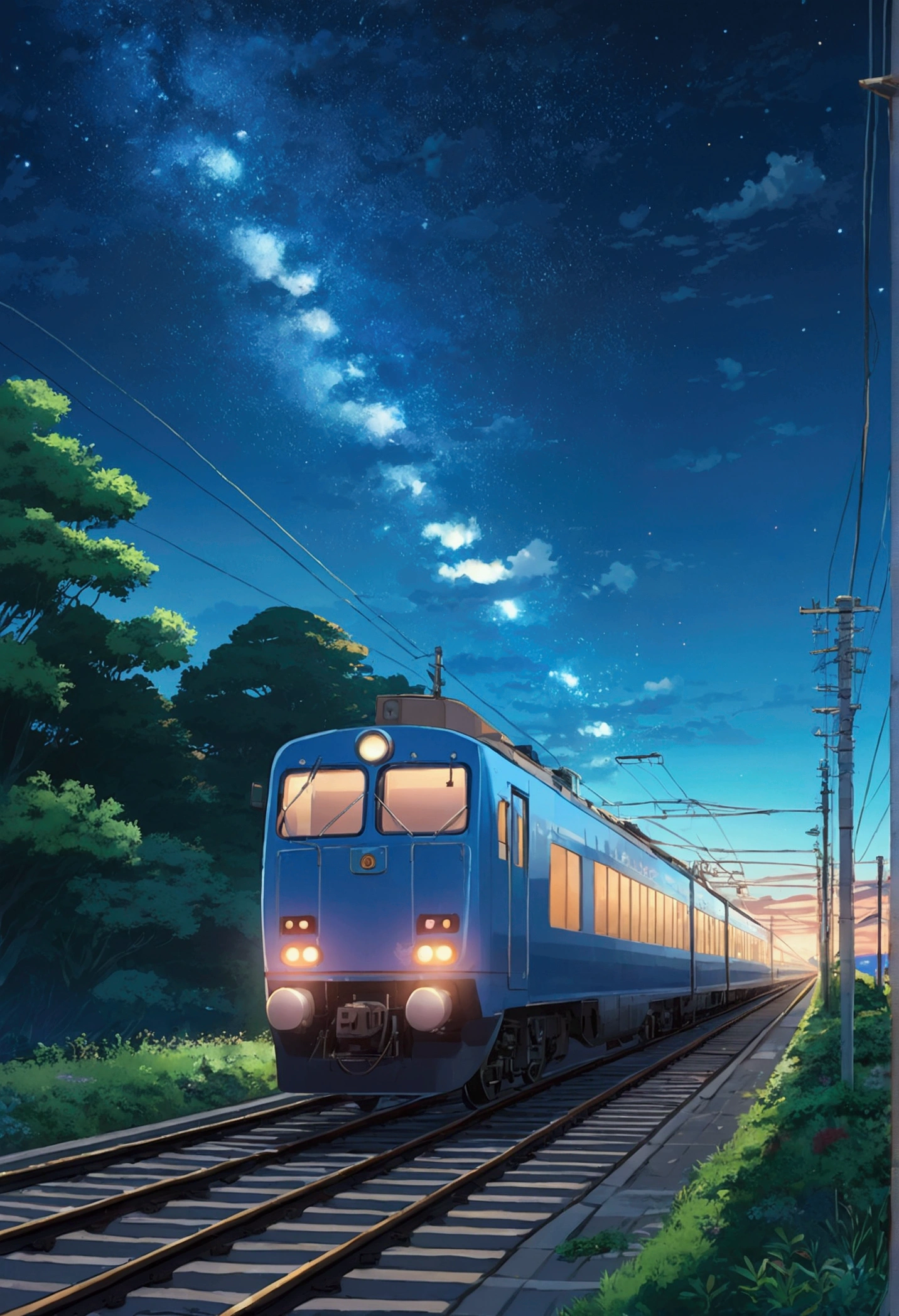 High quality masterpiece ,landscape,, Bright starry sky。Romantic Train,irritating,Concept Art,Lofi Art Style,Reflector。 por Makoto Shinkai, Arte Roffie, Beautiful anime scene, landscapes de anime, 詳細なlandscape —幅672, In the style of Makoto Shinkai, Makoto Shinkai's style,Improvement of details