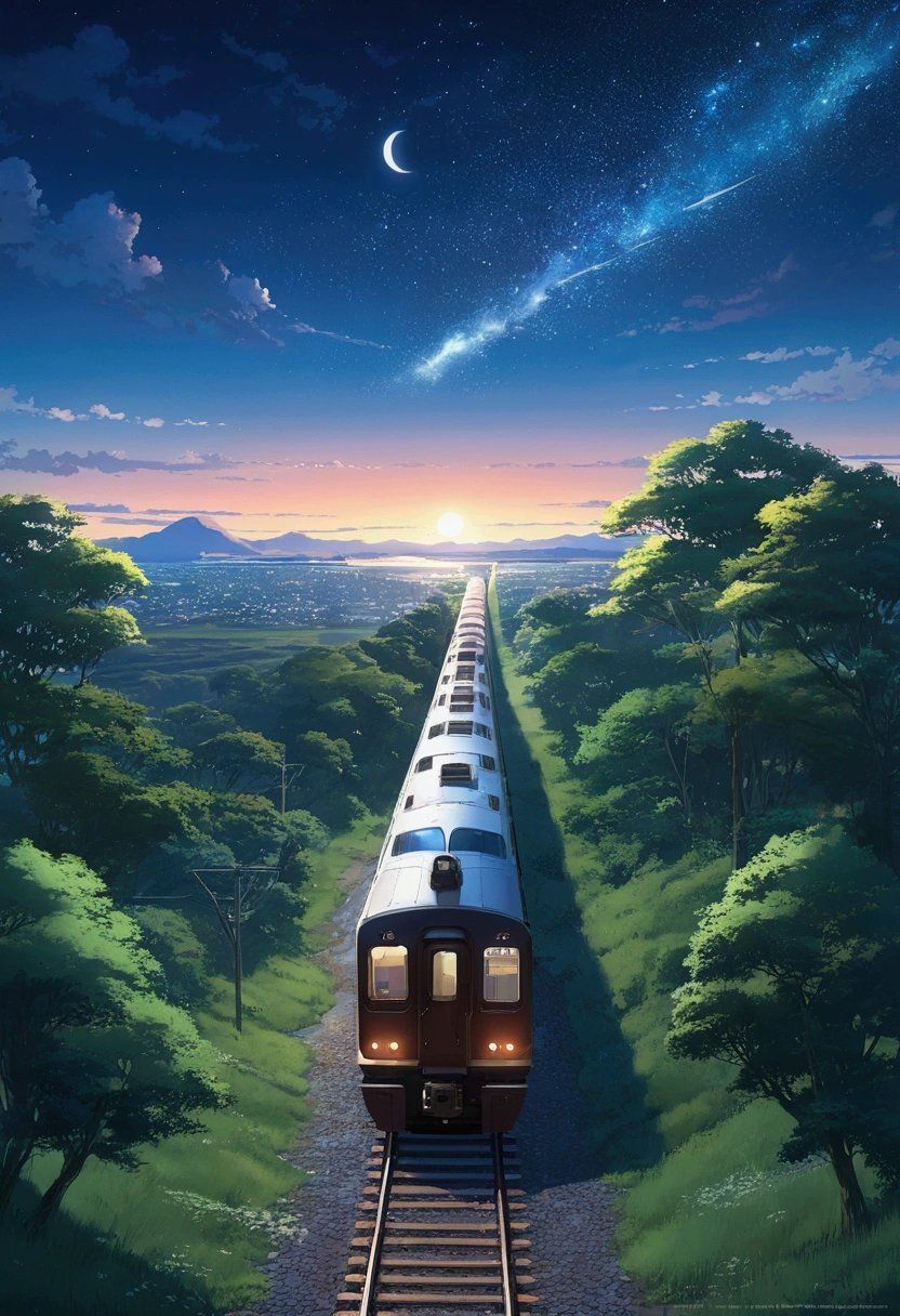 High quality masterpiece ,landscape,, Bright starry sky。Romantic Train,irritating,Concept Art,Lofi Art Style,Reflector。 por Makoto Shinkai, Arte Roffie, Beautiful anime scene, landscapes de anime, 詳細なlandscape —幅672, In the style of Makoto Shinkai, Makoto Shinkai's style,Improvement of details