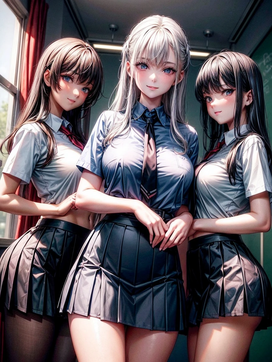 (3girls), (3 young schoolgirls), navy blue school shirt, red school skirt, putting on a show for the viewer, classroom, dusk, (dim lighting), devious smile, (three  girl), [platinum hair, tall, grey eyes, pale skin, big breasts], [dark brown hair, hazel eyes, tan skin, big ass], [black hair, light blue eyes, medium tits, short] (Masterpiece), (Best quality), (8k)