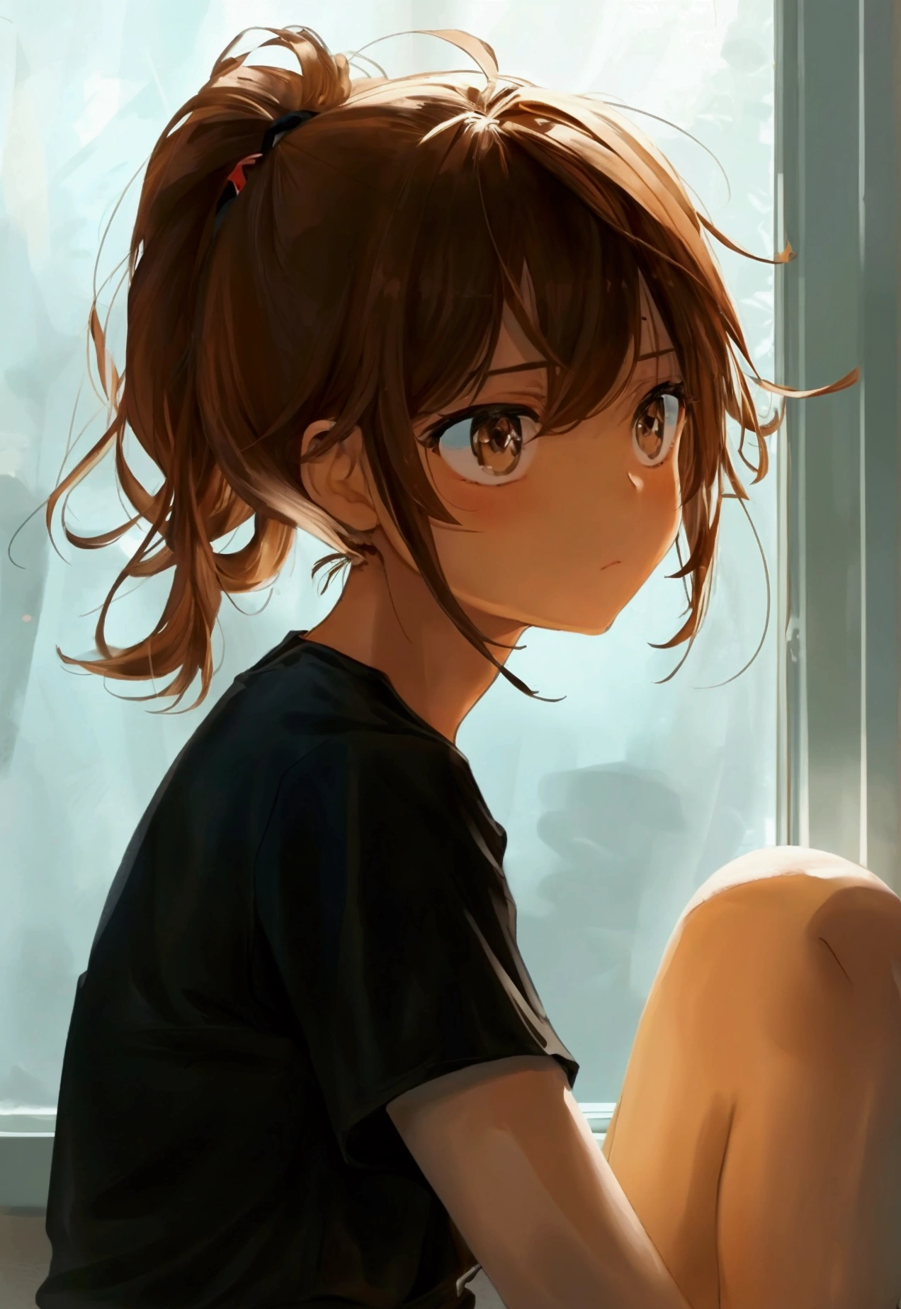 Brown hair, pulled back into a ponytail, Brown eyes, blank look, bright skin, black T-shirt and black shorts