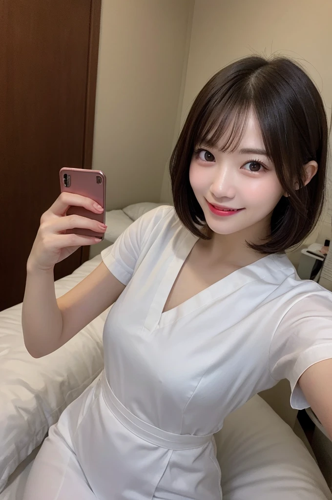 Selfie、White clothes、Nurse uniform、Laughing、bed、Very short hair、Berry Shortcut、Highest quality, figure, Super detailed, In detail, High resolution, 8k wallpaper, Perfect dynamic composition, Beautiful attention to detail, dress,Medium Hair, Small breasts、Natural color lip, Random sexy poses,smile,24-years-old