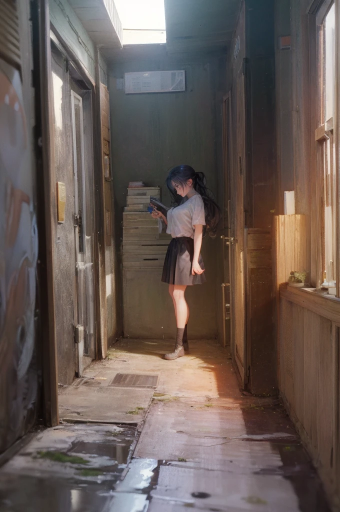 Girl captured by tentacles in abandoned factory　Tentacles in a skirt　Pants fabric texture　