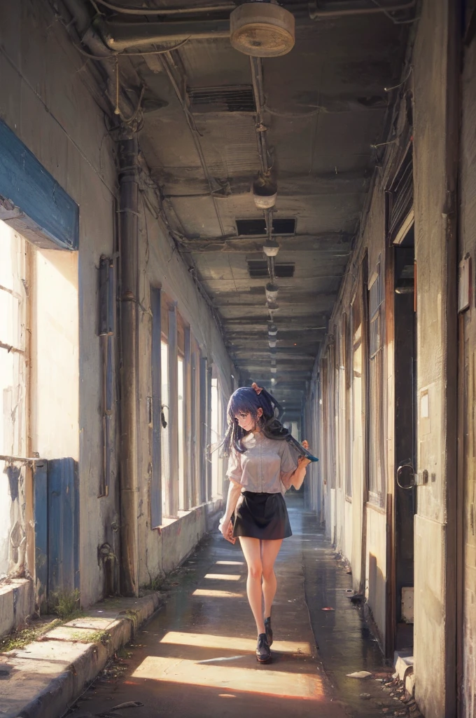 Girl captured by tentacles in abandoned factory　Tentacles in a skirt　Pants fabric texture　
