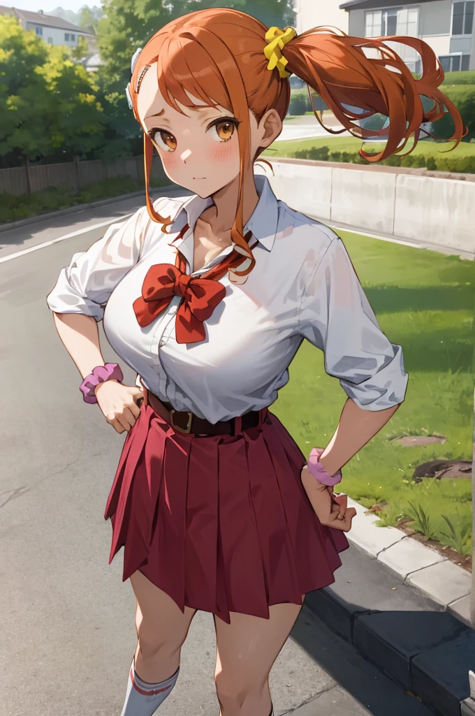 masterpiece, best quality, highres, 1girl, anjou naruko, hairclip, large breasts, , sleeves rolled up, wrist scrunchie, belt, white shirt, red skirt, socks, twintails, standing, outdoors, hand on hip,