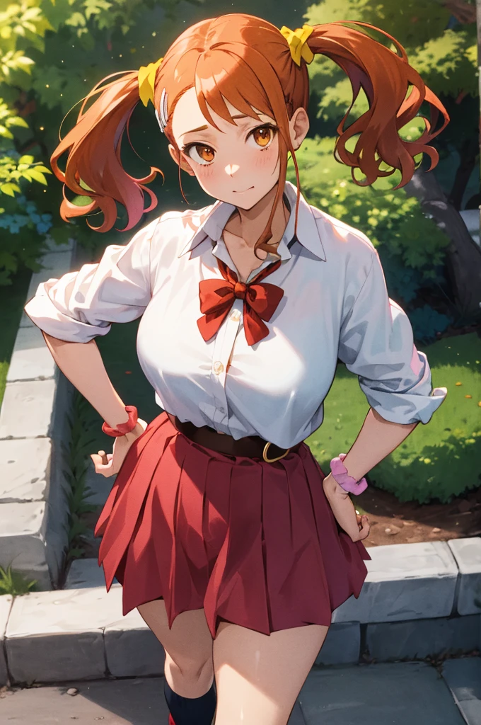 masterpiece, best quality, highres, 1girl, anjou naruko, hairclip, large breasts, , sleeves rolled up, wrist scrunchie, belt, white shirt, red skirt, socks, twintails, standing, outdoors, hand on hip,