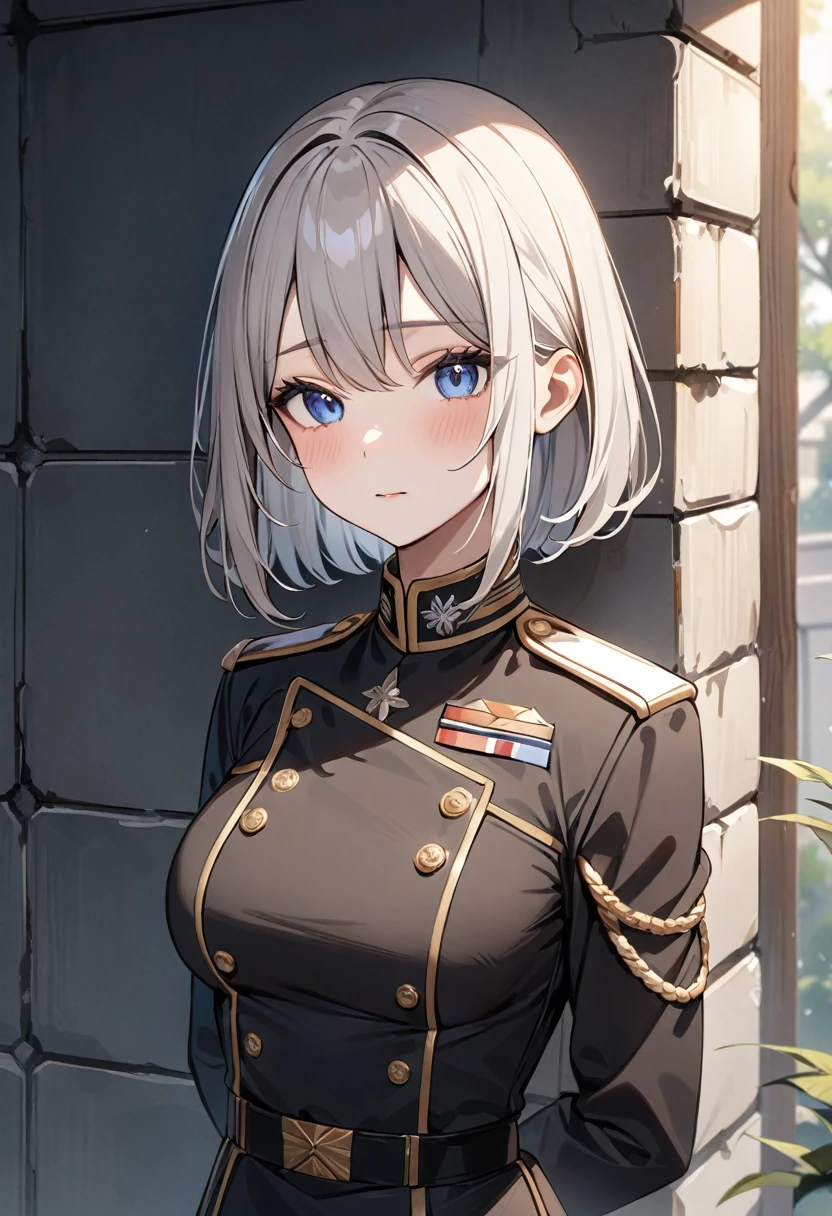 (masterpiece, top quality, very aesthetic, 4k、8ｋ、illustration), intricate detail, 1girl,Standing in front of a wall、(upper body)、clear face、()、
Cute 、light black hair、,middle hair,sidelock ,,blue eye、Military uniform、Tight skirt、,medium breasts、Slim 、