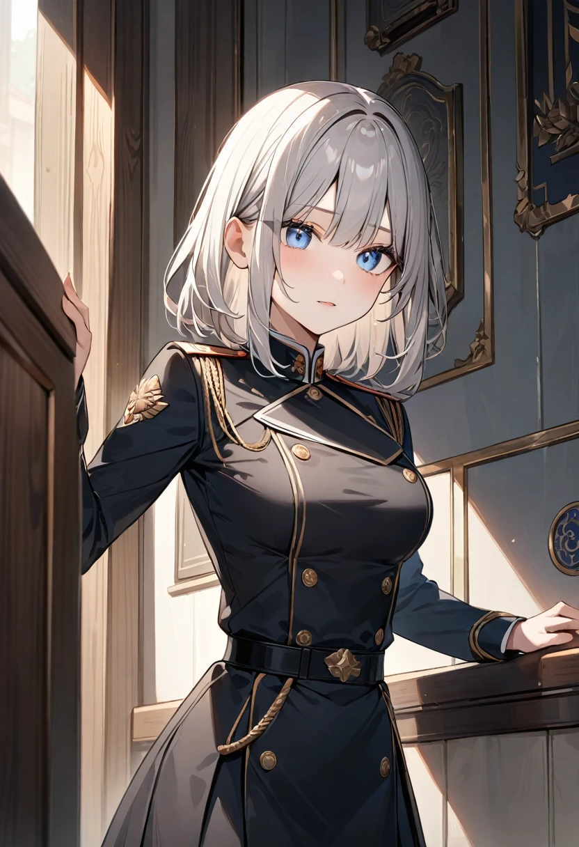 (masterpiece, top quality, very aesthetic, 4k、8ｋ、illustration), intricate detail, 1girl,Standing in front of a wall、(upper body)、clear face、()、
Cute 、light black hair、,middle hair,sidelock ,,blue eye、Military uniform、Tight skirt、,medium breasts、Slim 、