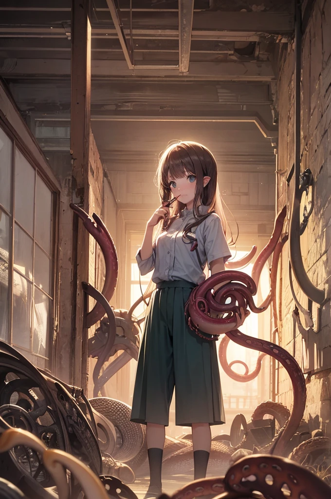 Girl captured by tentacles in abandoned factory　Tentacles in a skirt　Pants fabric texture　