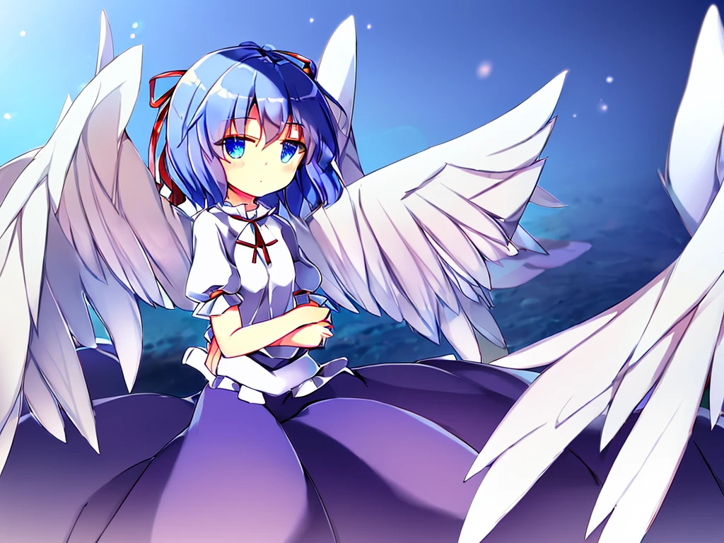 (best quality,4k,8k,highres,masterpiece:1.2), ultra-detailed, highly detailed texture, intricate details, high quality textures, A cute teenage angel with blue eyes, drawn in anime style, 1girl, , , 10 years old, medium blue hair, hair flaps, pink ribbon on head, well-formed face, blue eyes, angel girl, white blouse, puffy short sleeves, red ribbon, angel wings, long white skirt, red shoes, frills, ribbon head, A pair of angel wings on the back, clean line drawings