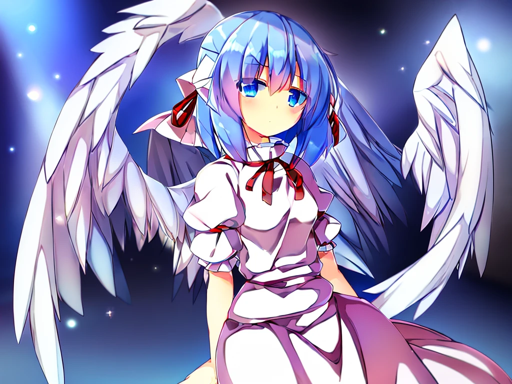 (best quality,4k,8k,highres,masterpiece:1.2), ultra-detailed, highly detailed texture, intricate details, high quality textures, A cute teenage angel with blue eyes, drawn in anime style, 1girl, , , 10 years old, medium blue hair, hair flaps, pink ribbon on head, well-formed face, blue eyes, angel girl, white blouse, puffy short sleeves, red ribbon, angel wings, long white skirt, red shoes, frills, ribbon head, A pair of angel wings on the back, clean line drawings