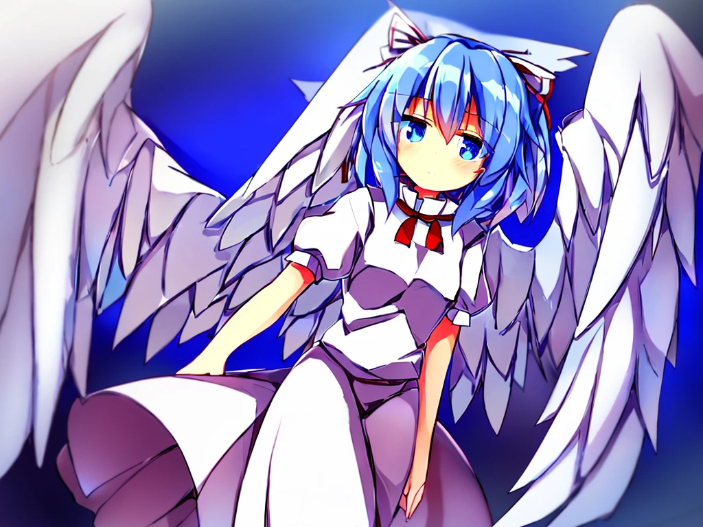 (best quality,4k,8k,highres,masterpiece:1.2), ultra-detailed, highly detailed texture, intricate details, high quality textures, A cute teenage angel with blue eyes, drawn in anime style, 1girl, , , 10 years old, medium blue hair, hair flaps, pink ribbon on head, well-formed face, blue eyes, angel girl, white blouse, puffy short sleeves, red ribbon, angel wings, long white skirt, red shoes, frills, ribbon head, A pair of angel wings on the back, clean line drawings