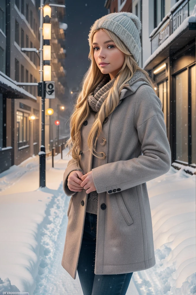 professional portrait photograph of a gorgeous Norwegian girl in winter clothing with long wavy blonde hair, sultry flirty look, gorgeous symmetrical face, cute natural makeup, wearing elegant warm winter fashion clothing, ((standing outside in snowy city street)), stunning modern urban environment, ultra realistic, concept art, elegant, highly detailed, intricate, sharp focus, depth of field, f/1. 8, 85mm, medium shot, mid shot, (((professionally color graded))), bright soft diffused light, (volumetric fog), trending on instagram, hdr 4k, 8k