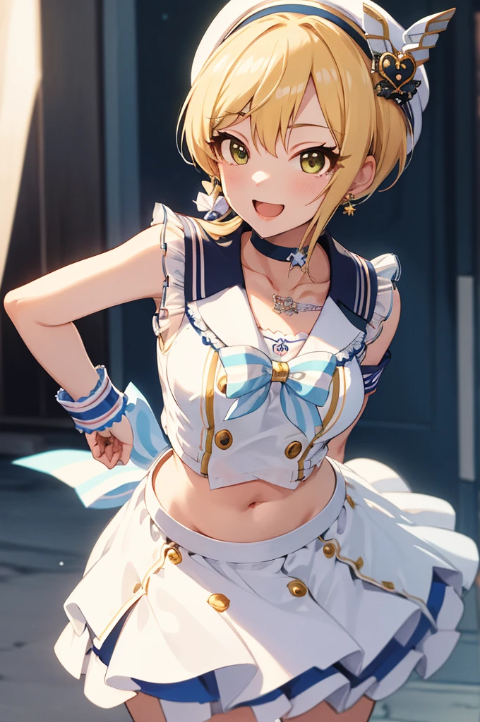 masterpiece, best quality, highres, hmfre, blonde hair, beret, white headwear, earrings, choker, sailor collar, shirt, white bow, sleeveless, wrist cuffs, midriff, white skirt, see-through, idolmaster cinderella girls, leaning forward, smile, open mouth, arms behind back,