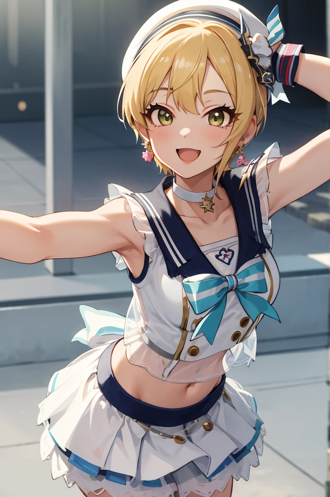 masterpiece, best quality, highres, hmfre, blonde hair, beret, white headwear, earrings, choker, sailor collar, shirt, white bow, sleeveless, wrist cuffs, midriff, white skirt, see-through, idolmaster cinderella girls, leaning forward, smile, open mouth, arms behind back,