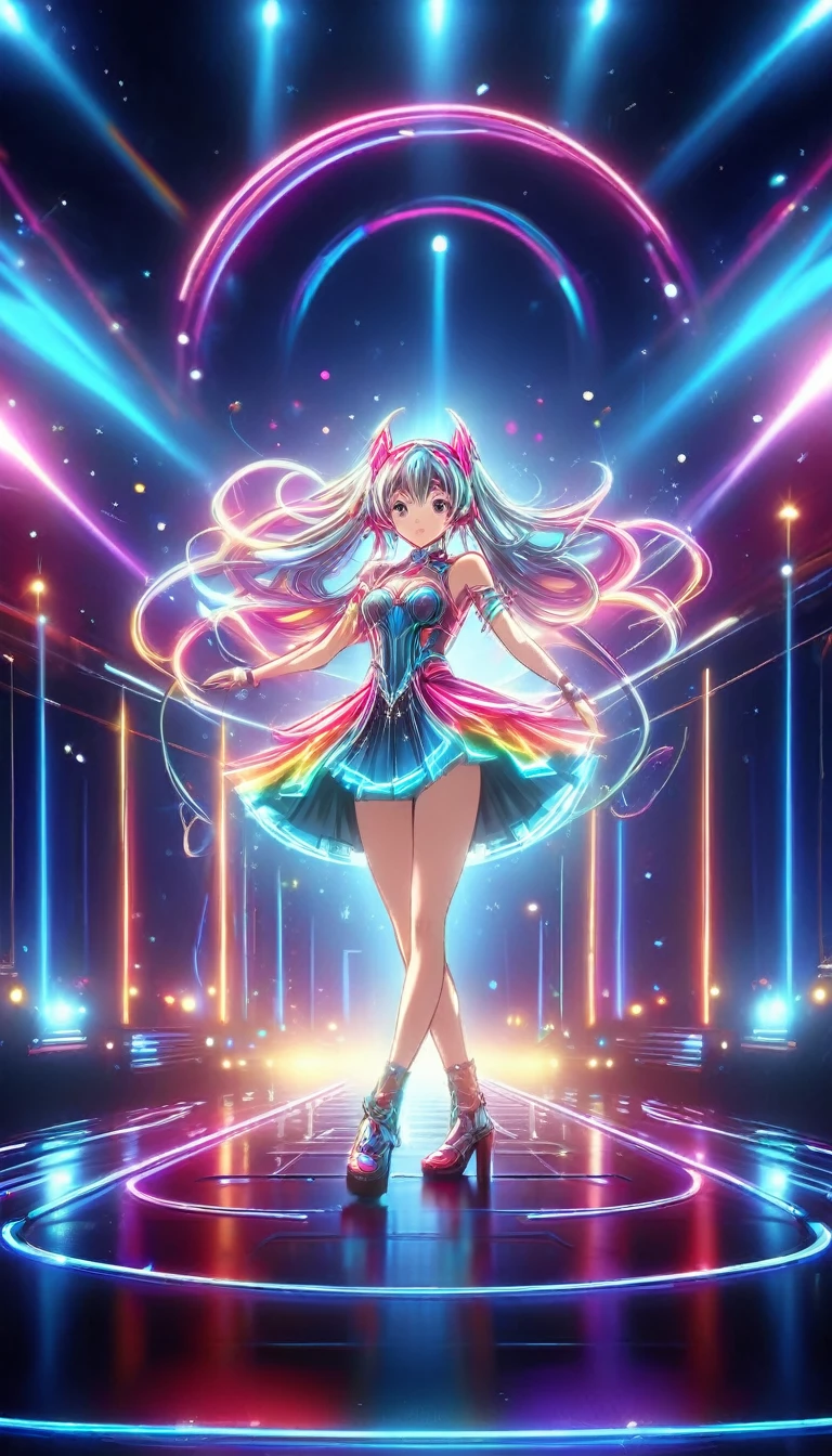 beautiful graceful goddess concert, medium shot the scene, (Idol stage), Neon, ((stage light)), A beautiful young female idol, Wearing futuristic costumes, (dancing on Idol stage: 1.6), futuristic stage, (complex stage design: 1.3) , (Mechanical stage elements:1.5), Dreamy atmosphere, Starry sky background, (Moon craters background:1.5), Shining light, Neon embellishment, Anime Background Art Style Anime, Kingdom of Light Background, dazzling stage, Stadium Background, Colorful anime background, Stunning and mysterious, sh, light, Colorful, light shines on the floor