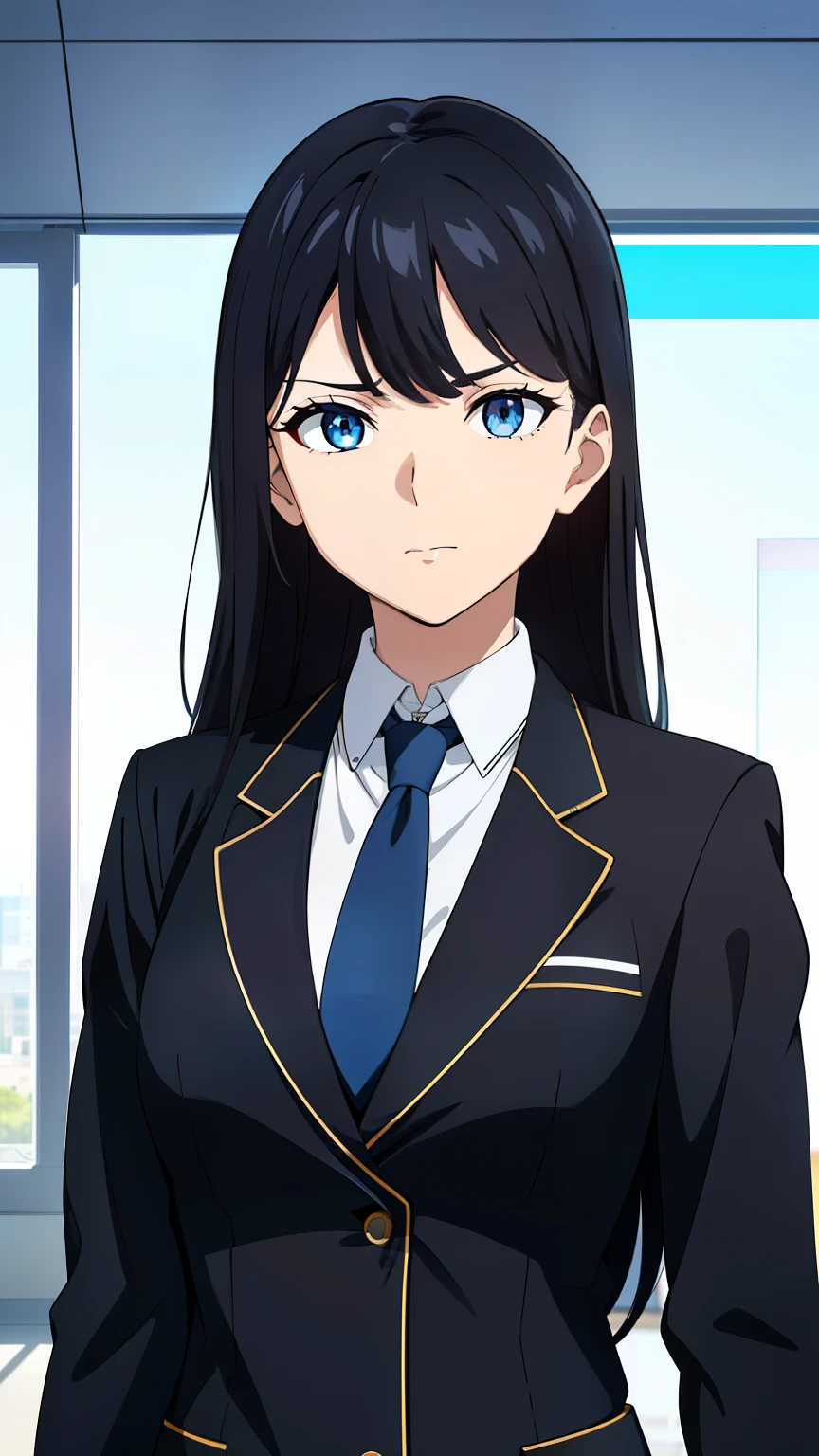 (best quality:1.5, highres, UHD, 4K, detailed lighting, shaders), black hair, long hair, side swept hair, cool woman, cool girl, sharp eyes, narrow eyes, same eyes size, blue eyes, beautiful, small breasts, office background, formal suit, necktie, jacket, focus on character face