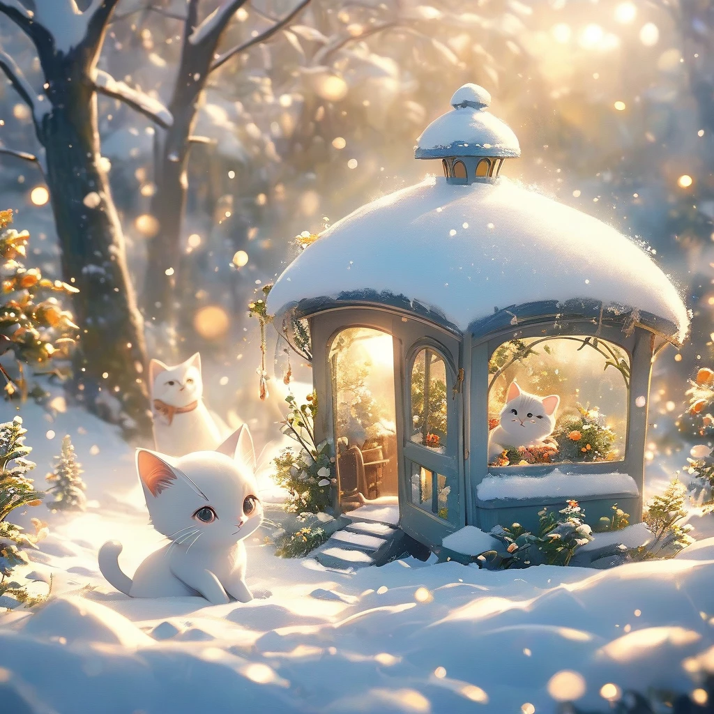 Snow Scene，snow，Cat（（（Romantic atmosphere）））（（（fairy tale elements）））（（（masterpiece）））， （（best quality））