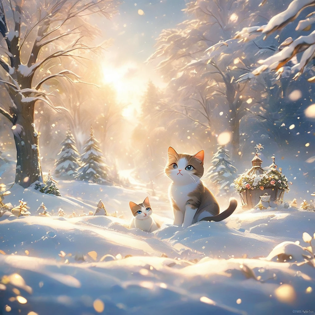 Snow Scene，snow，Cat（（（Romantic atmosphere）））（（（fairy tale elements）））（（（masterpiece）））， （（best quality））