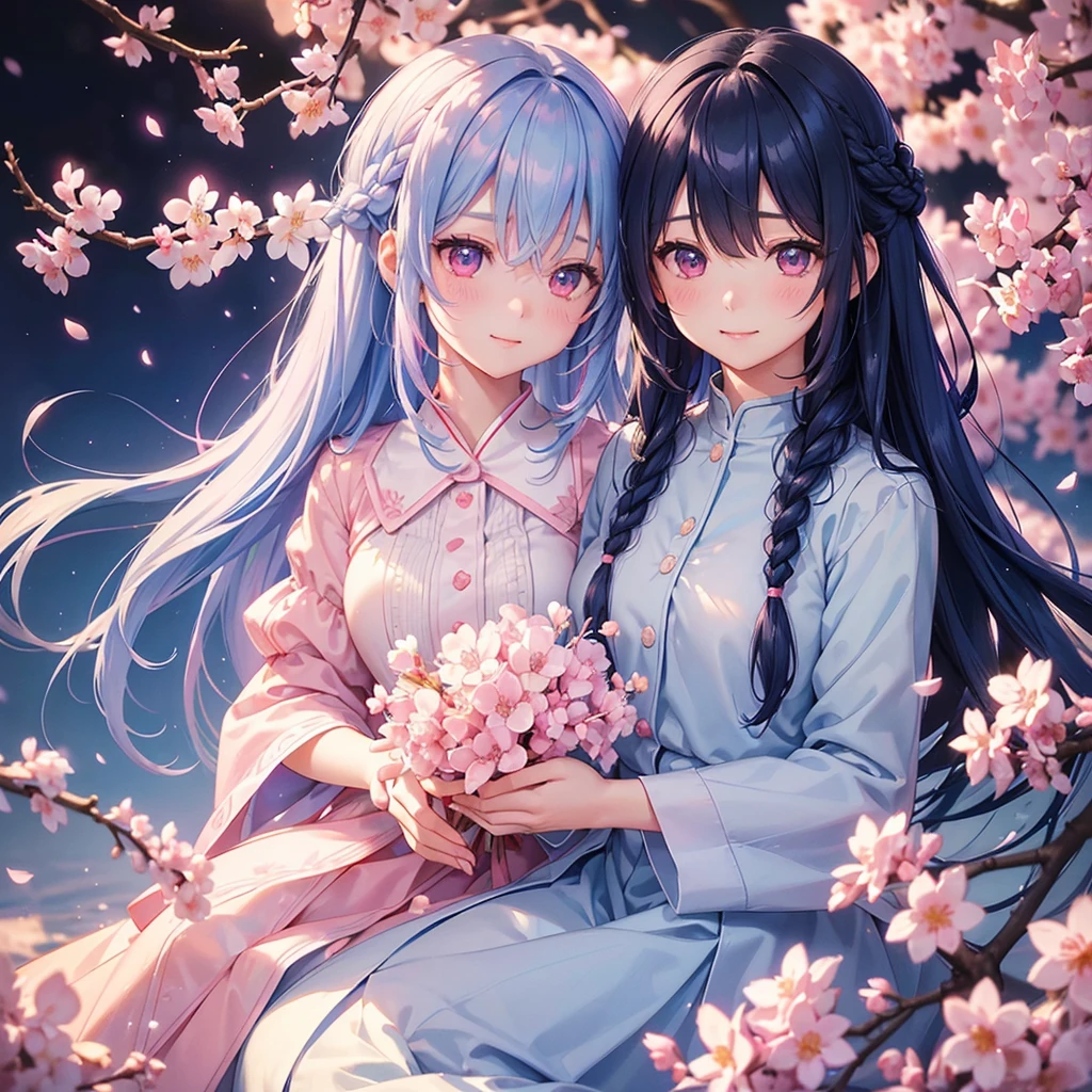 (Sky blue medium hair),(Braided hair tied together)、Pink eyes、Fair skin、(whole body)、(uniform)、Cherry Blossoms at Night、A big smile、、(masterpiece、Highest quality、Very detailed、Best Shadow)、(Detailed Background)、(Beautifully detailed face)、High contrast、(Best lighting、Very delicate and beautiful)、((Cinematic Light))、colorful、Hyper Detail、Dramatic Light、Exquisite detail、