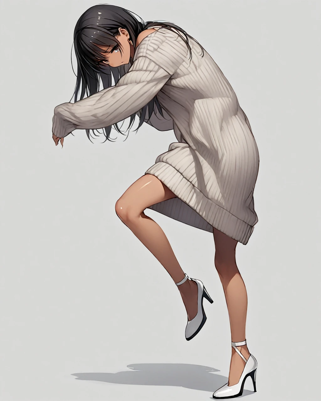 A solo model poses in a tan oversized sweater dress with sleeves. The dress is mid-thigh length, and the model stands on one leg while lifting the other, showcasing white high-heeled shoes with ankle straps. The model has long, straight black hair and a neutral expression, set against a plain gray background